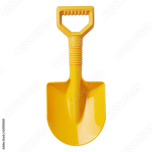 Yellow plastic toy shovel isolated, children beach sand play spade with D-grip handle, summer outdoor fun kid tool