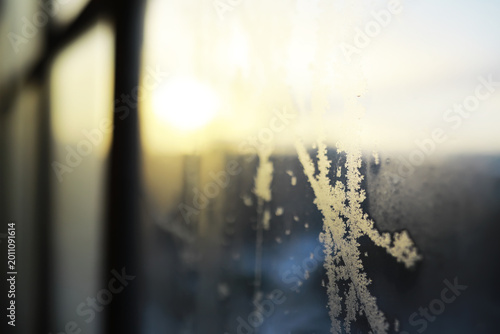 Canvastavla Abstract Frosty Windowpane at Sunrise with Blurry Background