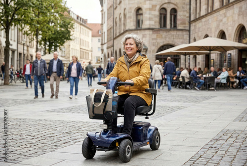 Senior Woman Using Mobility Scooter in European City Square