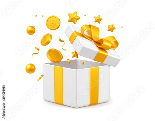 Gift box with golden coins and stars surprise concept on white background