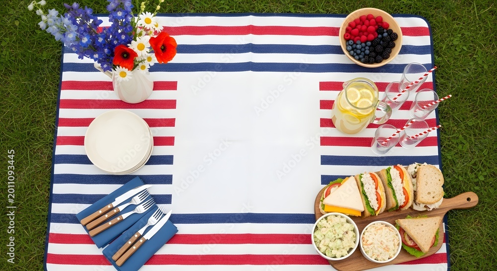Obraz premium Patriotic picnic setting with red, white, and blue striped blanket, sandwiches, lemonade, and flowers on grass