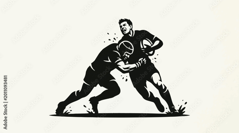Fototapeta premium Two rugby players tackling each other on a beige background in black