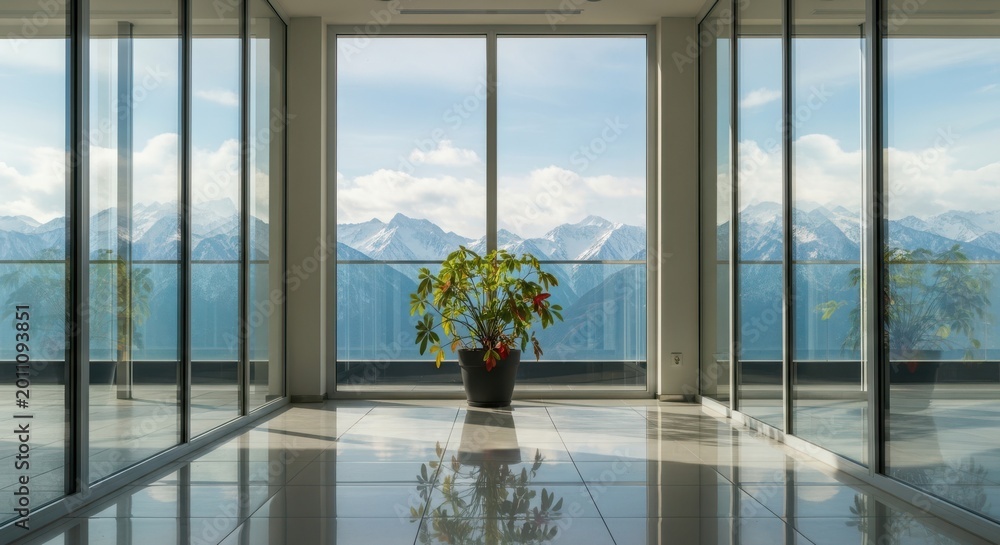 Fototapeta premium Modern office interior with plant and mountain view through large windows