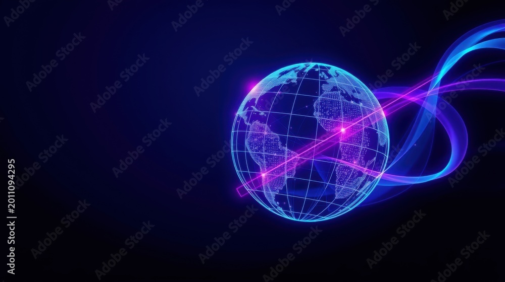 Obraz premium Glowing globe depicts digital connections. Bright lines suggest global network, data transfer, futuristic technology. Dark background enhances visual impact.