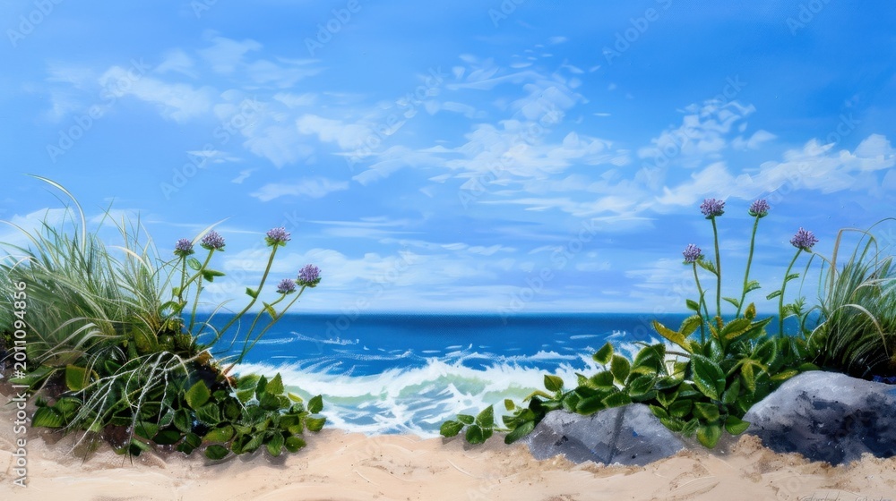 Fototapeta premium Serene Coastal Scene with Lush Greenery and Gentle Ocean Waves Under a Bright Blue Sky