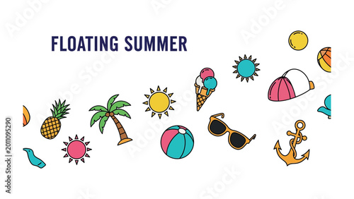 Canvastavla Floating Summer Delights: A vibrant and whimsical illustration featuring iconic summer elements arranged in a playful and uplifting design, conveying a sense of fun and relaxation