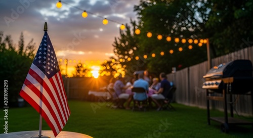 American flag on a table at a backyard labor day barbecue party