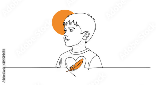 Konstfotografi A young boy with a heart symbol and a feather illustration symbolizing innocence