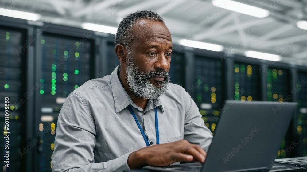 Fototapeta premium Experienced male IT technician working on a laptop in a modern data center surrounded by server racks and illuminated hardware components