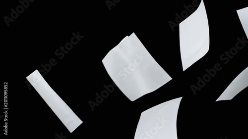 Several blank white pages fly through the air against a solid black backdrop. This 3D animation is perfect for office-themed transitions, business documents, or creative writing concepts.