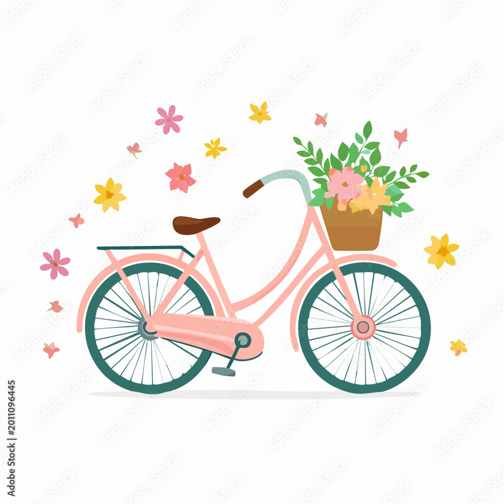 Fototapeta premium A pink bicycle with flowers in basket.