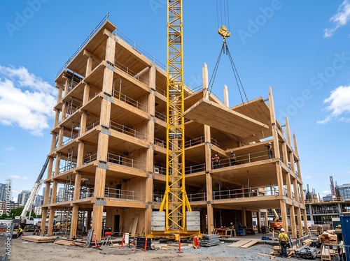 IA generated. Large-scale construction site of a modern multi-story building using mass timber, cross-laminated timber (CLT), and glulam beams, showcasing sustainable urban architecture and eco-friend
