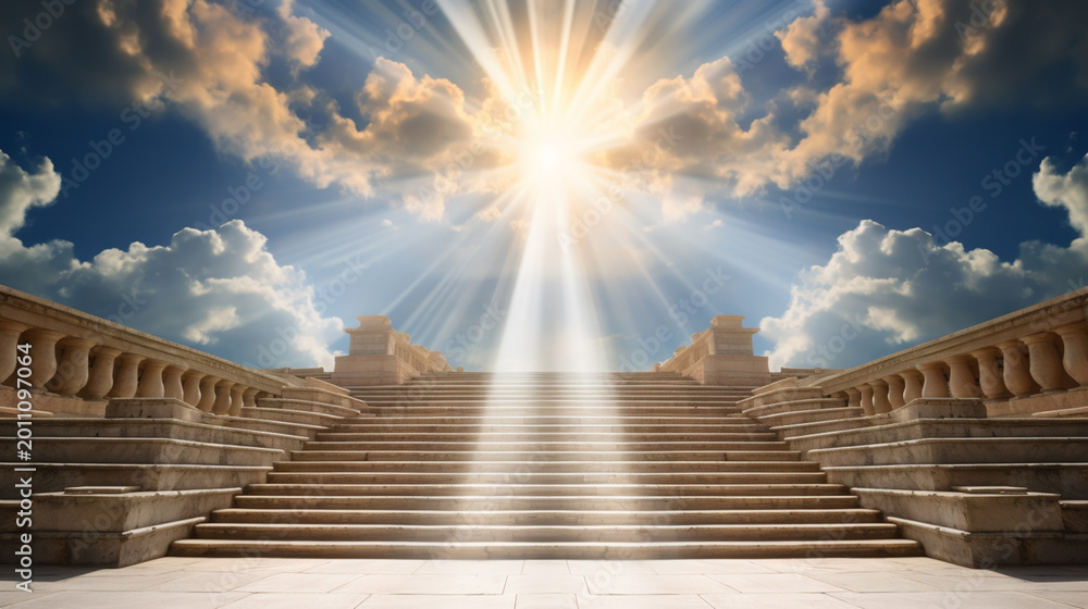 Fototapeta premium Stairway Curving Through Clouds Into The Light Of Heaven With Blue Sky
