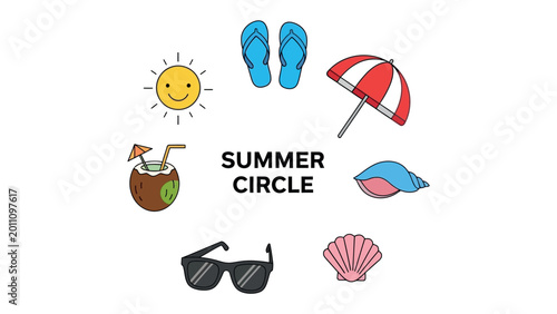 Tableau sur toile Summer Essentials: An illustrated circle brimming with summer essentials, showcasing a cheerful sun, sunglasses, beach umbrella, flip-flop, seashell, and a refreshing coconut drink