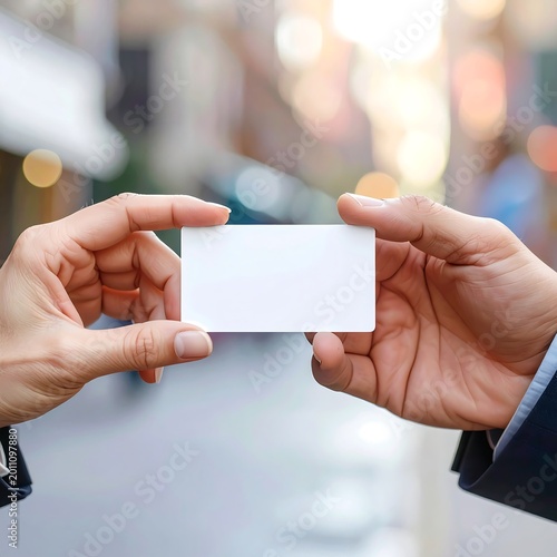Hands holding blank card in business setting with copy space for marketing