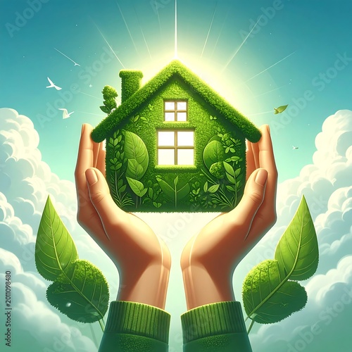 Hands holding green house symbolizing environmental protection and sustainability