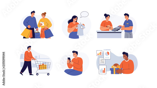 Diverse illustrations showcasing shopping, online purchasing, and customer interactions in retail environments, from browsing to checkout and delivery.