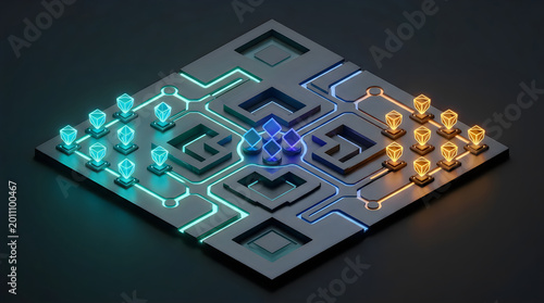 Isometric digital maze with glowing resource nodes and path routing