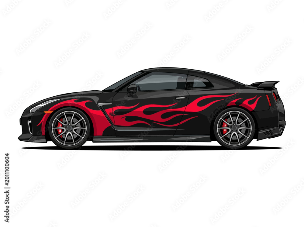 Fototapeta premium Black Performance Sports Car with Red Fire Flame Vinyl Wrap Decal Illustration - Isolated Vector Side View
