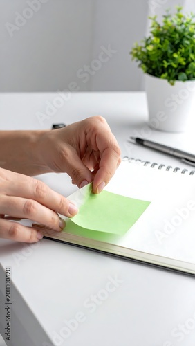 Hands placing a sticky note on notebook near potted plant and pen on desk