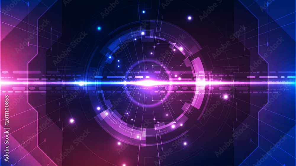 Obraz premium Futuristic Digital Portal: Glowing Energy Ring with Horizontal Light Stream on Dark Cyber Background