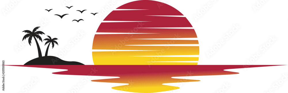 Obraz premium Minimal tropical sunset vector illustration, bold half sun with smooth gradient