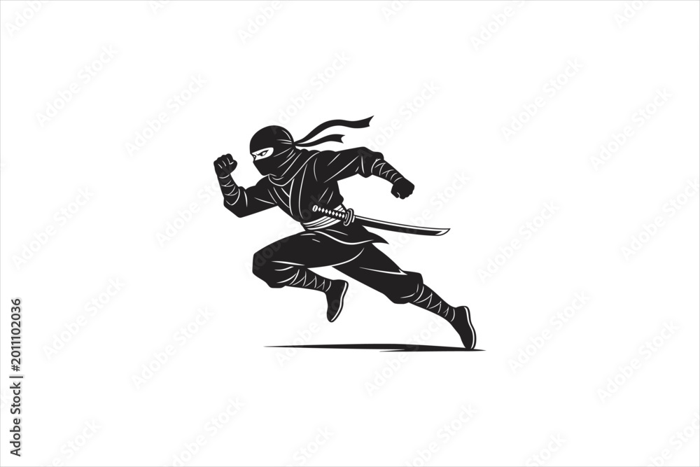 Fototapeta premium Dynamic ninja warrior running with katana sword in action pose, Japanese assassin character illustration in bold black silhouette vector style isolated on clean background. Vector illustration.