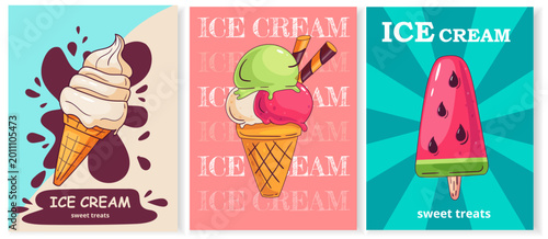Ice cream poster template set with colorful dessert illustration. sweet food banner collection for cafe menu, advertisement, promotion, packaging and summer marketing design
