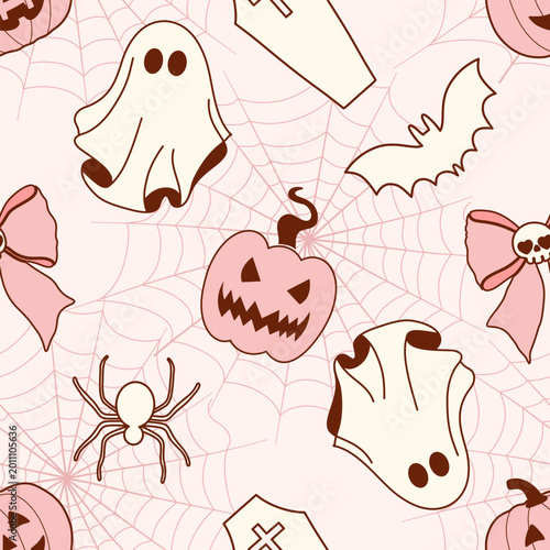 Foto Seamless Halloween Pattern with Ghost Pumpkin Spider Web Cute Pastel Background