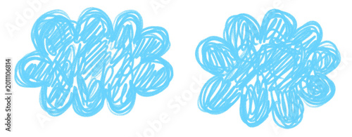 Childish Drawing Like Blue Clouds. No Background. Simple Cute Clouds made of Scribbles. Hand Drawn Clouds of Irregular Shape Made of Blue Crayon.