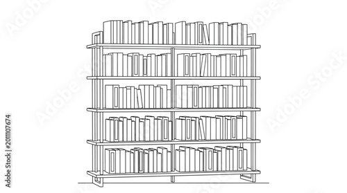 A detailed black and white line drawing of a tall, multi-tiered bookshelf filled with numerous books.