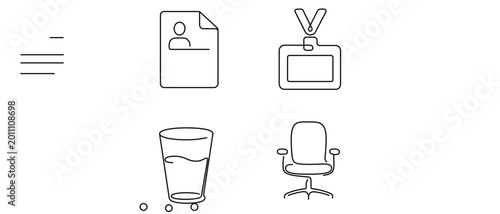 Collection of 4 icons for behavioral job interview showcasing resume paper, visitor badge, water glass, and office chair featuring an editable stroke for customizable line thickness and style.
