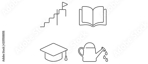 Fotografía Professional talent development vector icon set with step ladder, open book, mortarboard cap, and watering can icons, a comprehensive collection of 4 icons representing growth and career learning