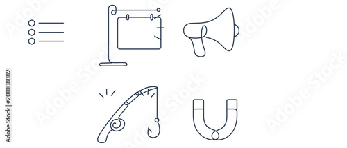 Fotografía Targeted recruitment marketing vector icon set and collection of 4 icons illustrating job board sign, megaphone, fishing rod, and magnet for talent acquisition and corporate hiring success