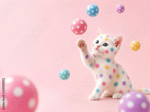 Trendy Polka Dot Kitten Playing with Floating Spheres Modern Pet Advertising Concept with Copy Space