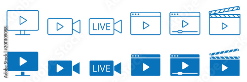 фотографія Multimedia icon set featuring live streaming camera, movie clapperboard, television monitor, web browser play buttons, digital entertainment interface elements