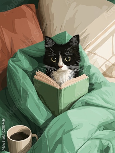 illustration, cat (black and white) reading a book in bed