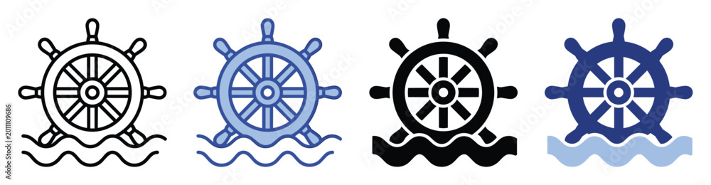 Obraz premium Ship steering wheel on waves symbols representing nautical navigation and maritime adventure.