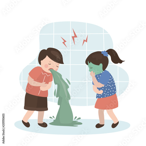 Foto Boy vomiting and girl feels sick with green face