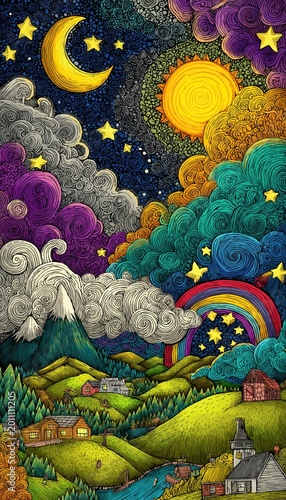 A whimsical doodle of the sun, moon, and stars in an enchanted sky over a small village surrounded by rolling hills. The artwork is filled with vibrant colors and intricate patterns