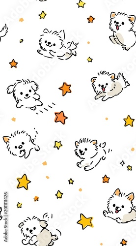 Simple doodle of cute little dogs playing, white background, simple lines, cute style