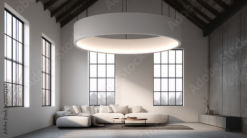 Modern industrial living room with large circular pendant light and sofa, interior