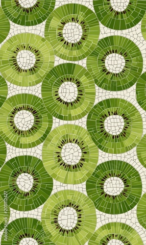 a pattern of kiwis, white mosaic tiles on a cream background, tile design for a floor or wall.