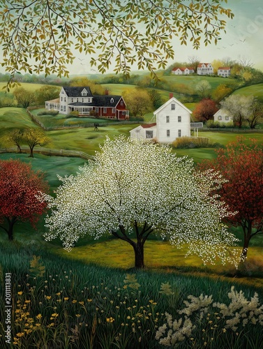 Summer in the countryside, with houses green grass, blooming flowers trees