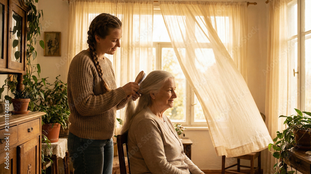 Obraz premium Caring Daughter Brushes Mother's Hair by Window