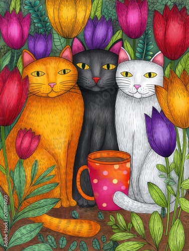 colorful 3 chubby happy cats looking at camera, cuddling, colorful coffee mug on ground surrounded by tulip garden