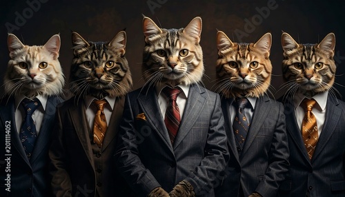 Five cats in suits a portrait of feline sophistication and professionalism