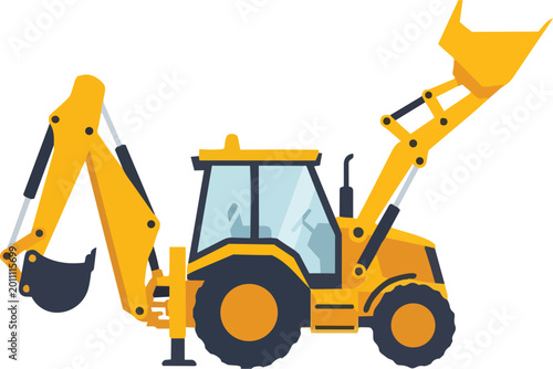 A yellow backhoe loader is digging on a construction site outdoors.