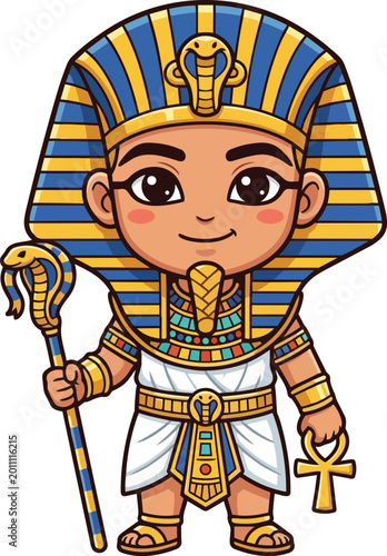 A cartoon illustration of a smiling pharaoh child wearing ancient Egyptian costume and holding a scepter and ankh symbol