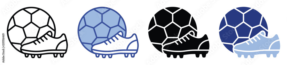 Fototapeta premium Soccer ball and cleat icon set for sports event branding or football club graphics
